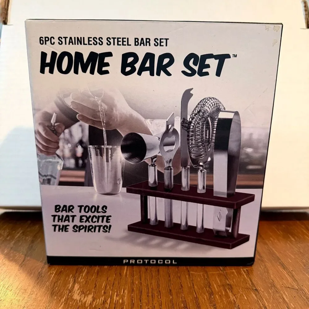 Protocol 6 Pc Stainless Steel Home Bar Set Cocktail Tools w/ Wood Stand New